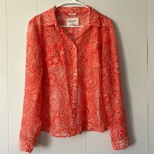 Aeropostale Signature Orange White Long Sleeve Sheer Button with Pockets